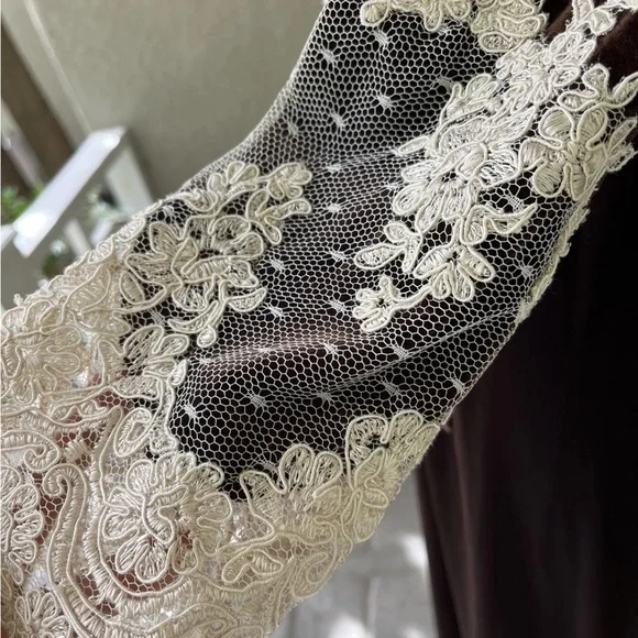 Vintage Jonquil By Diane Samandi Chocolate Brown Velvet Robe Champagne Lace